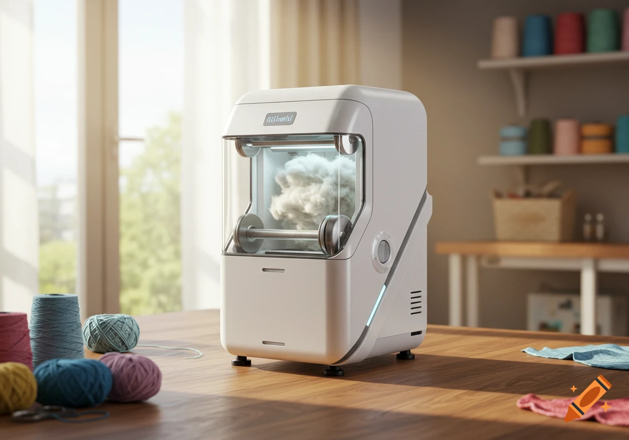 A sleek, white automatic lint to yarn maker sits on a wooden table surrounded by colorful yarn spools in a bright room.