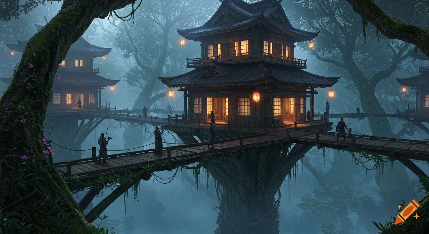 Photorealistic image of a Japanese-style teahouse fortress suspended by bridges in a misty jungle canopy with glowing lanterns and figures.