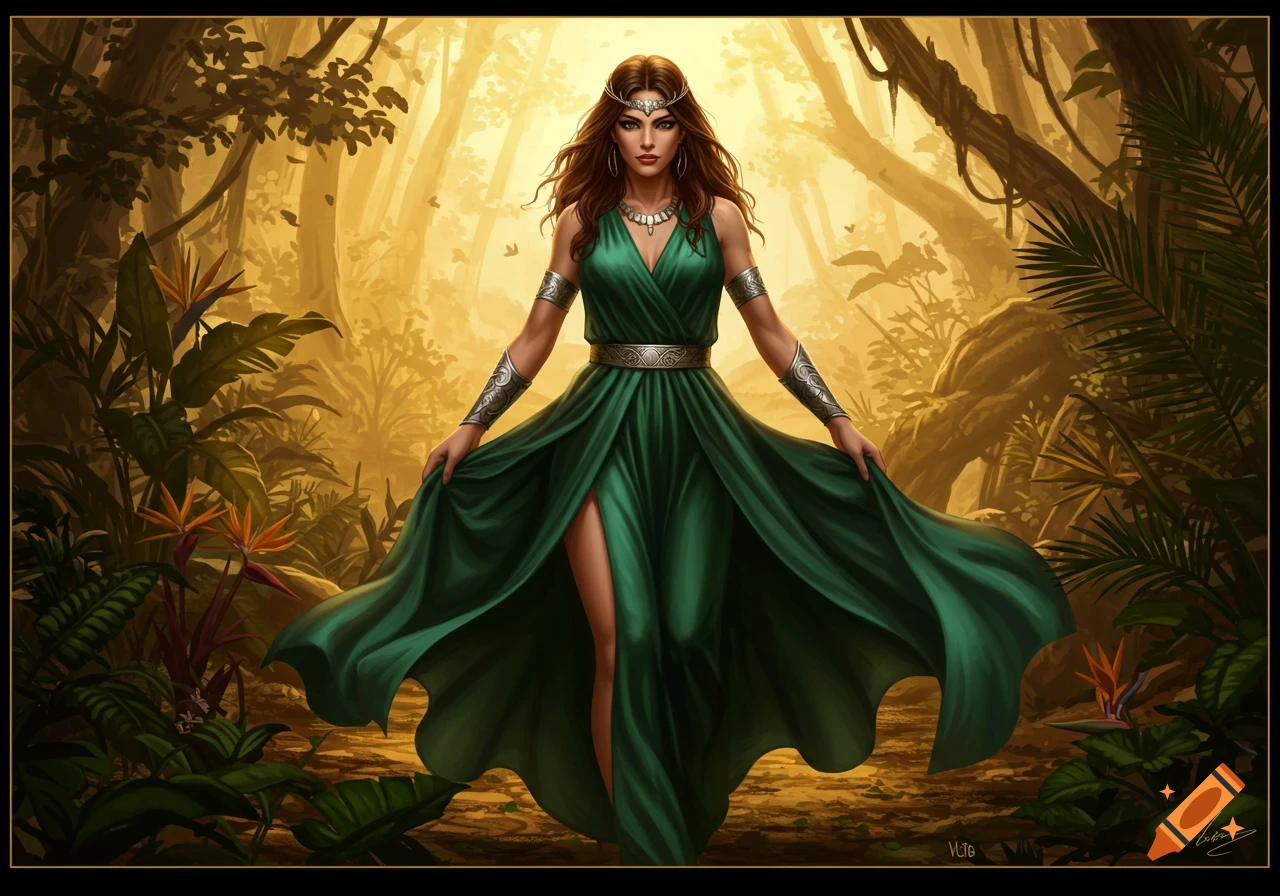 A woman in a flowing green dress with silver armbands stands in a sunlit jungle.