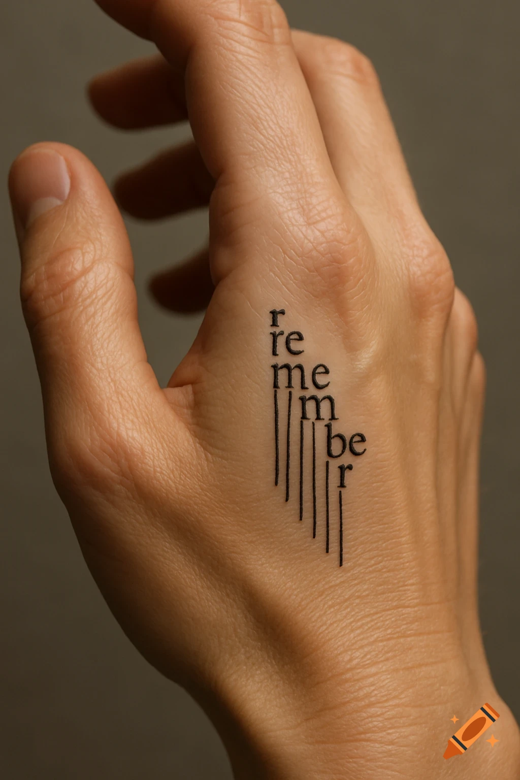 A close-up shot of a human hand with a stylized black tattoo on the back featuring the word "remember" and vertical lines.