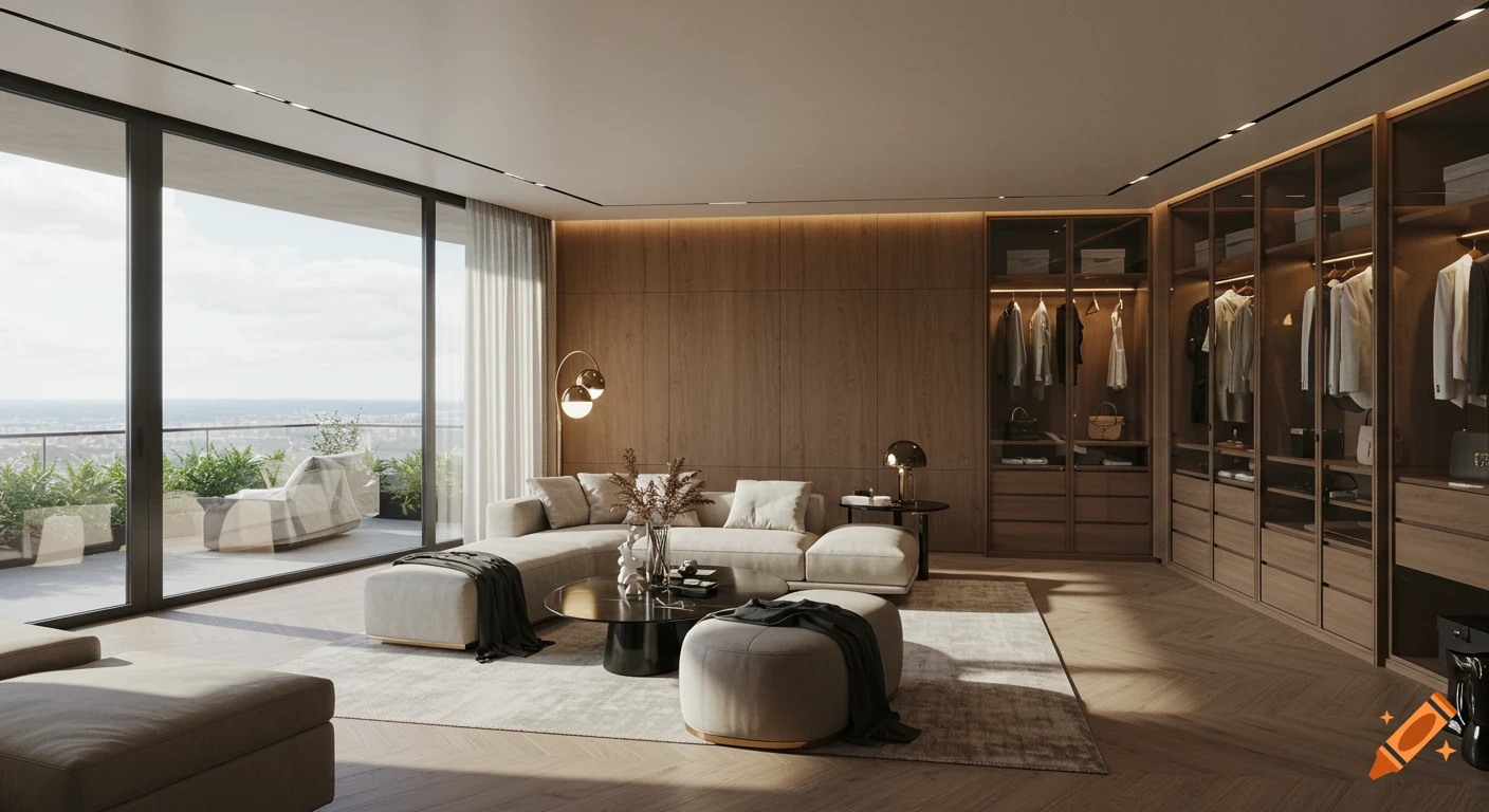 A luxurious contemporary living room with a large sofa, glass coffee table, open wooden wardrobe, and floor-to-ceiling windows overlooking a city panorama.