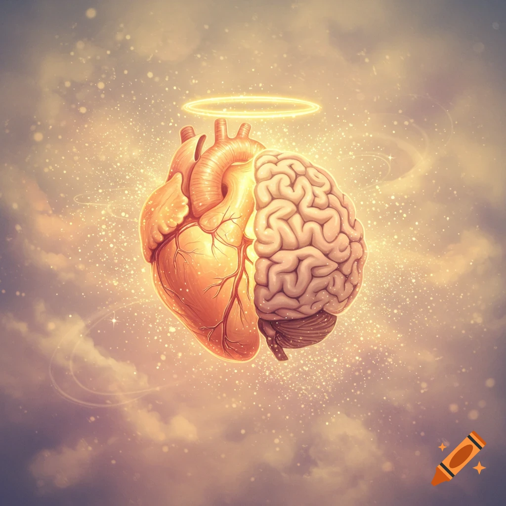 A stylized illustration of a human heart and brain merged, glowing with a halo above, surrounded by shimmering particles against a cloudy sky.