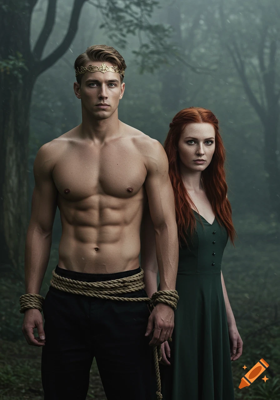Serious man with golden crown and six-pack, alongside red-haired woman, both tied with rope in a foggy forest.