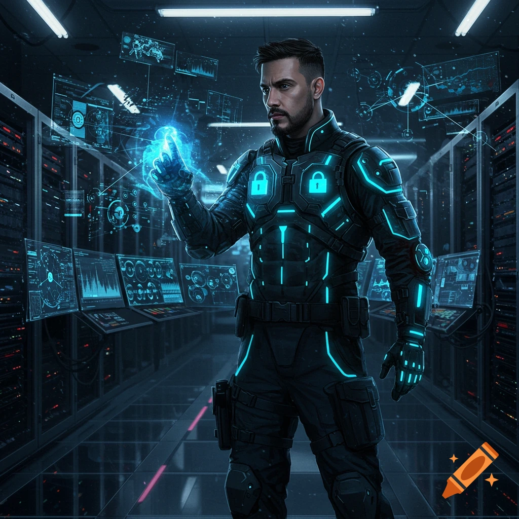 A man in a black futuristic suit with glowing blue accents and lock symbols interacts with holographic interfaces in a server room.