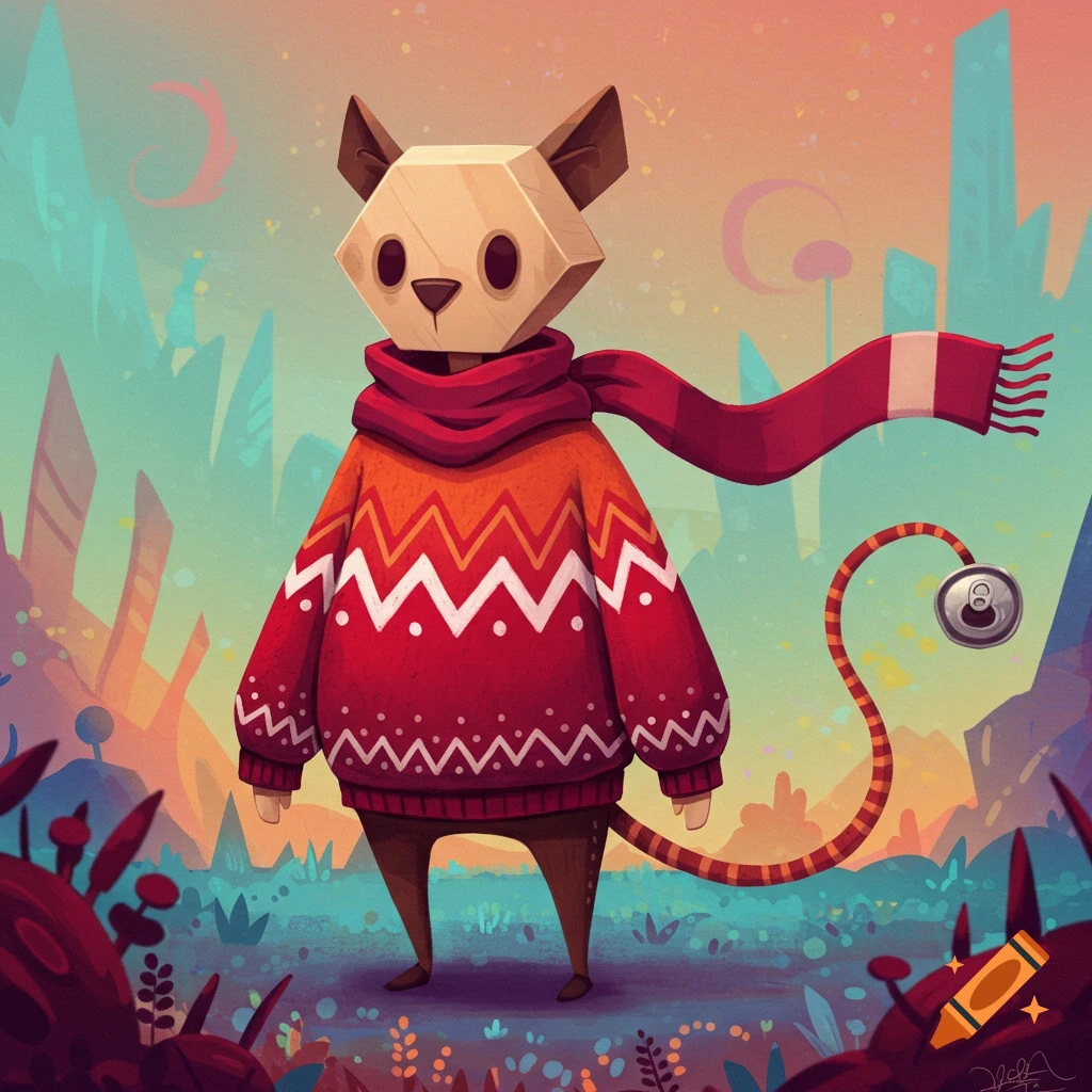Whimsical cartoon character with octagonal head, red zigzag sweater, red scarf, and a tail with a soda can, in a colorful landscape.