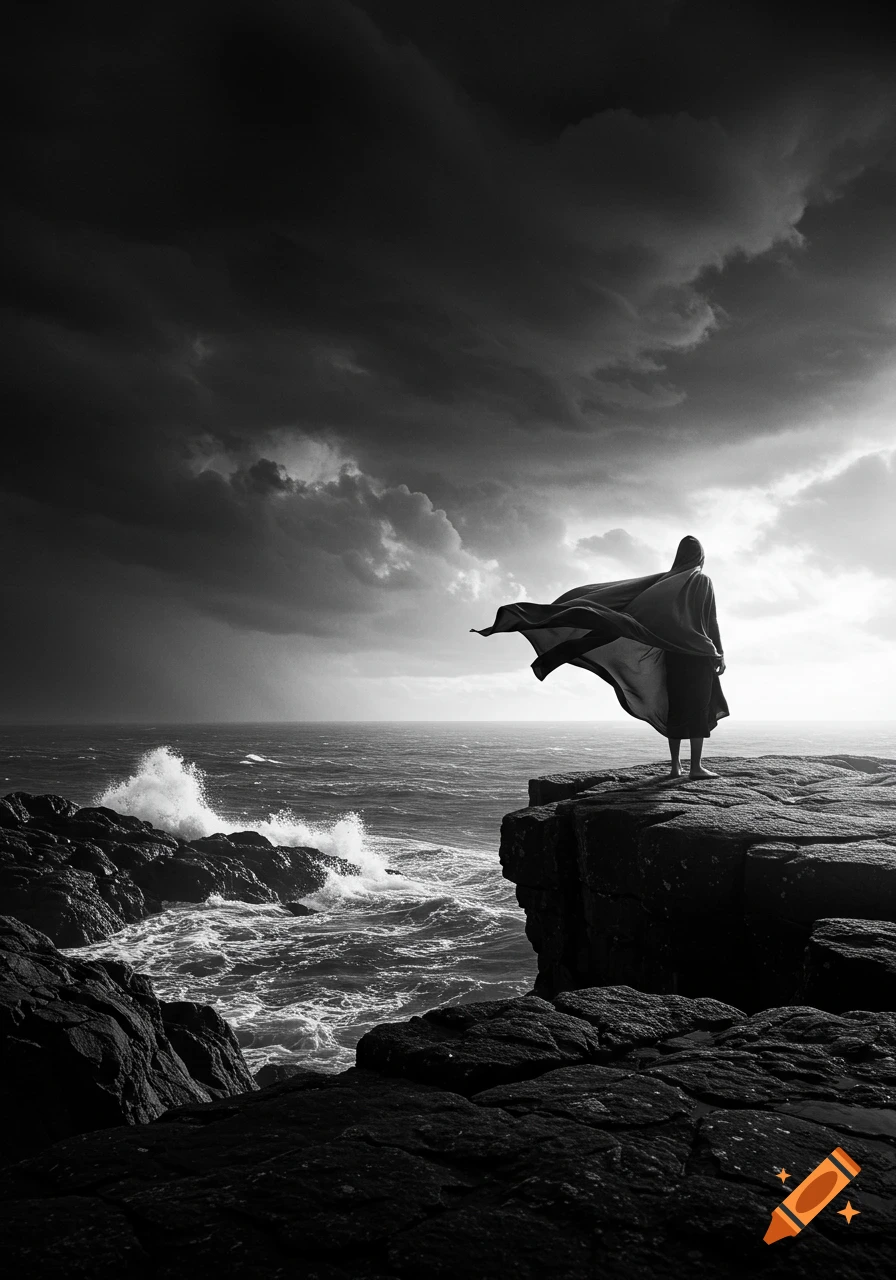 A cloaked figure stands on a cliff overlooking a stormy ocean in a dramatic black and white photograph.