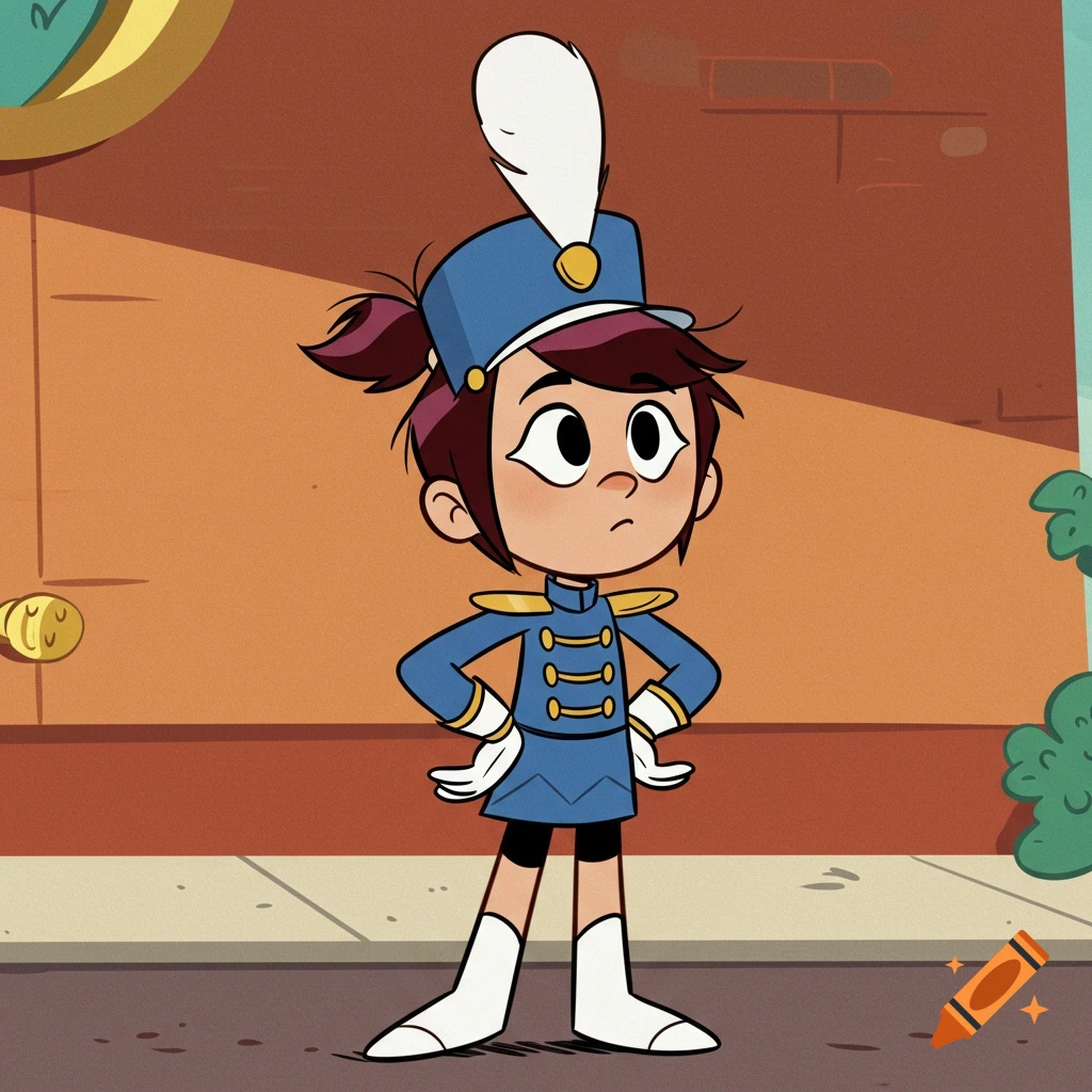 A cartoon girl with dark hair tied in pigtails stands with hands on hips, wearing a blue marching band uniform with gold trim and a white feathered shako, against an orange background.