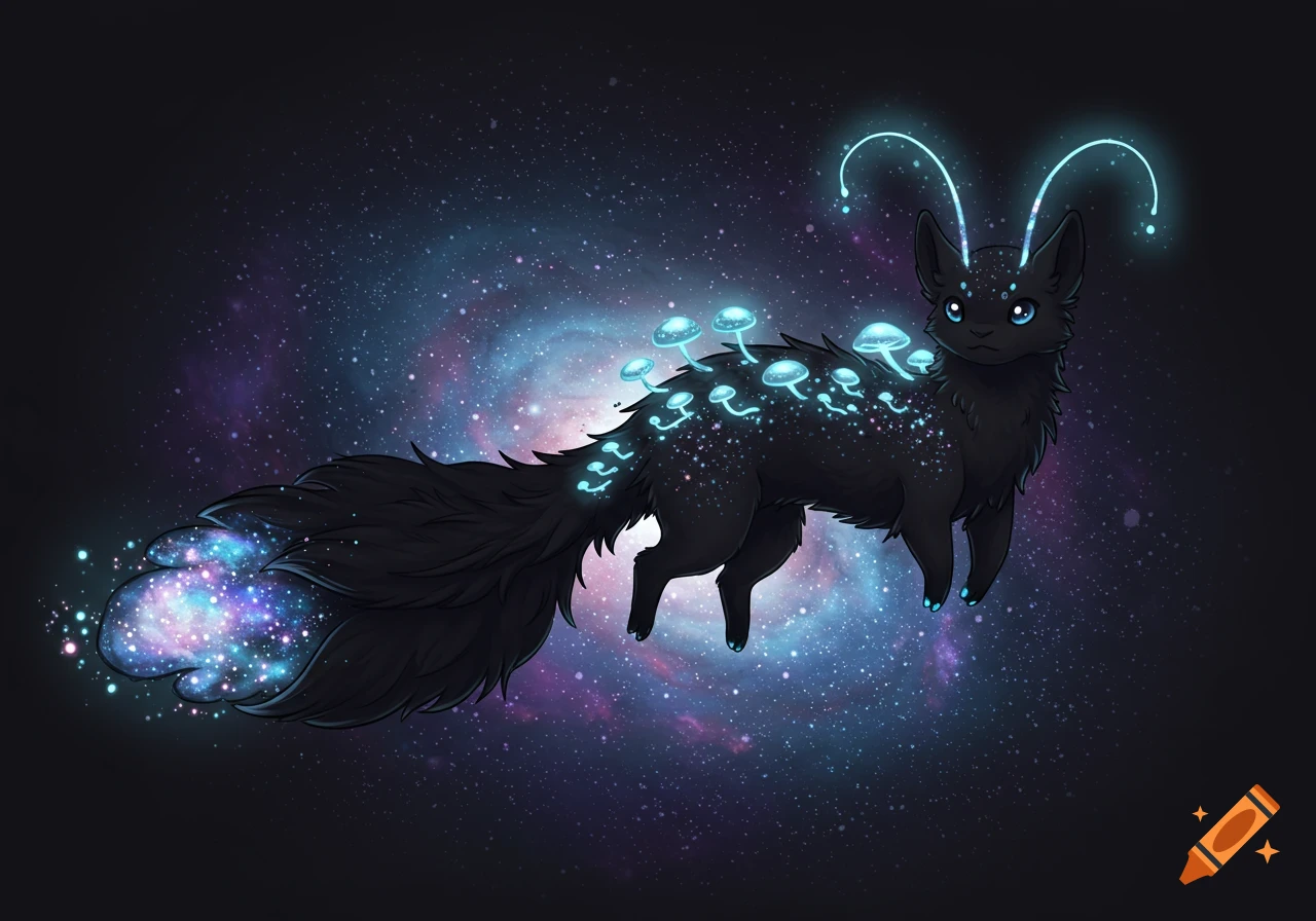 Illustrated black fantasy creature with glowing blue eyes, antennae, and space mushrooms on its back, with a galaxy-filled tail, against a starry cosmos.