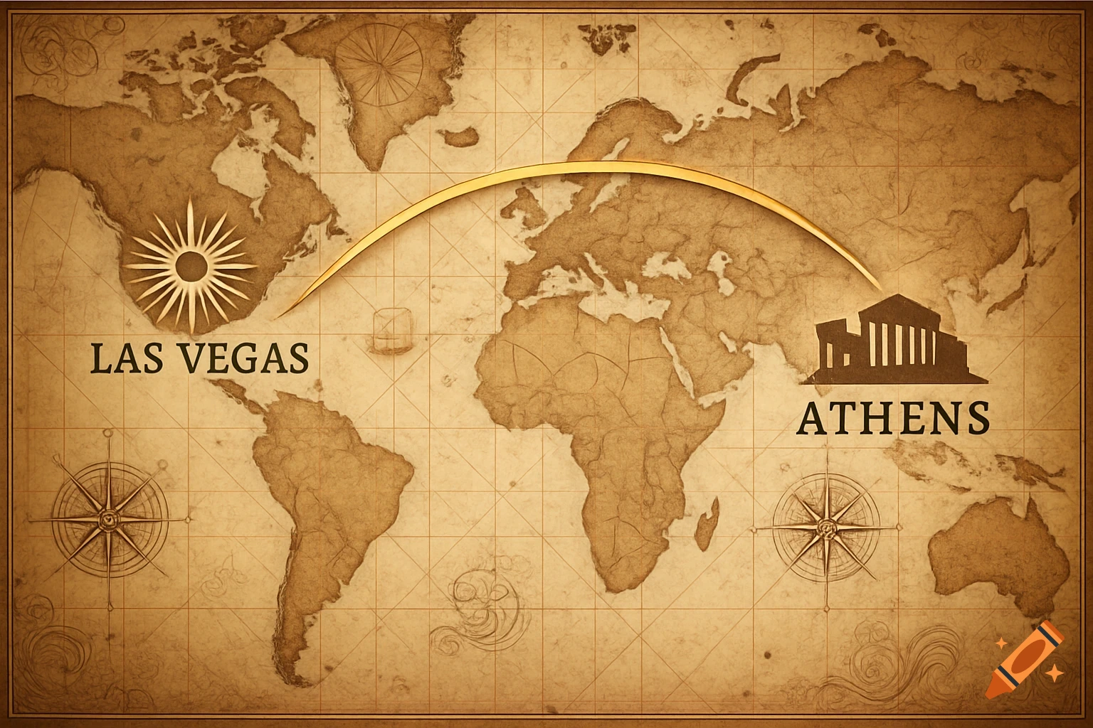 An old world map in sepia tones, showing a golden flight path arcing from Las Vegas to Athens, Greece, with symbols for each city.