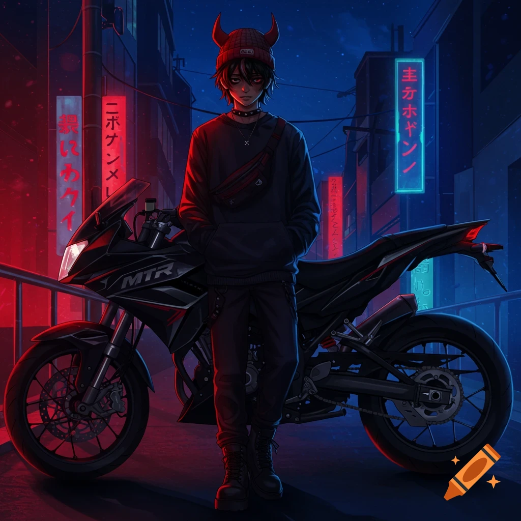 A young man in a devil-horned beanie and hoodie stands next to a motorcycle on a neon-lit urban street at night, in an anime style.