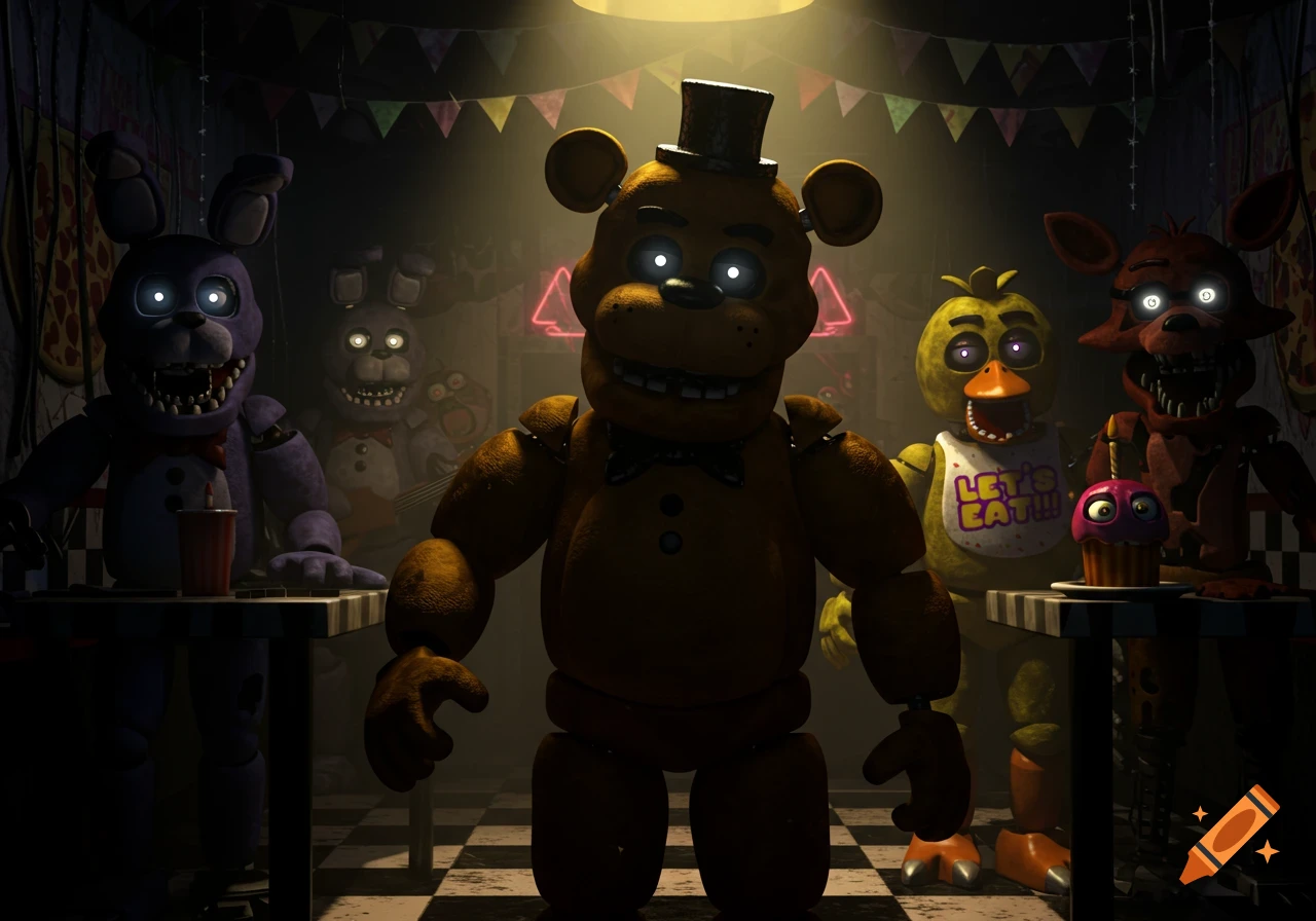 Creepy animatronic characters Freddy, Bonnie, Chica, and Foxy from FNaF in a dark, dimly lit restaurant setting with glowing eyes.