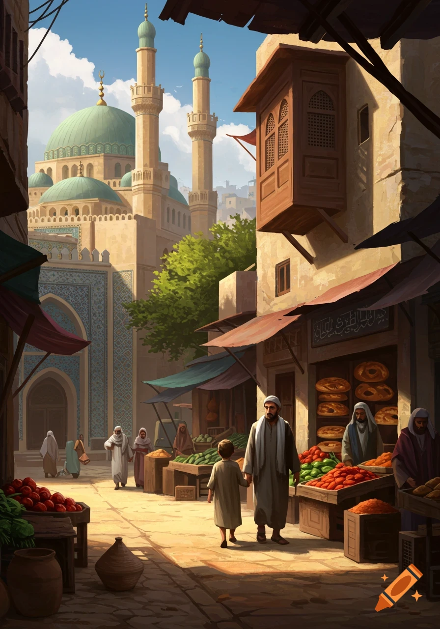 A stylized illustration of a bustling Middle Eastern market street with a father and son, mosque domes, and minarets under a blue sky.