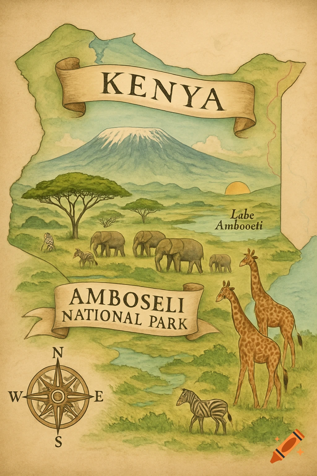 Watercolor map of Kenya featuring Amboseli National Park, Mount Kilimanjaro, elephants, giraffes, and zebras, with a compass rose.