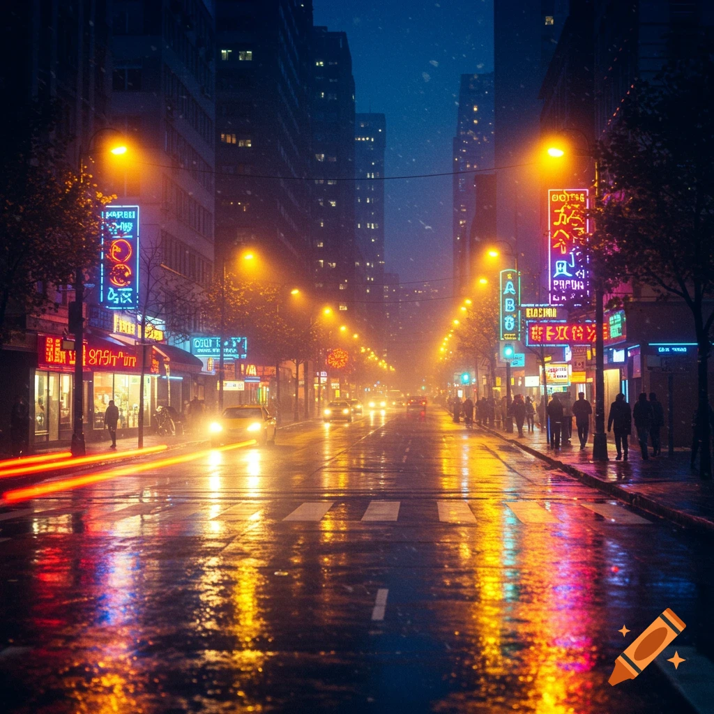 Photorealistic image of a wet city street at night, with bright neon signs and streetlights reflecting on the pavement, and blurred car lights.
