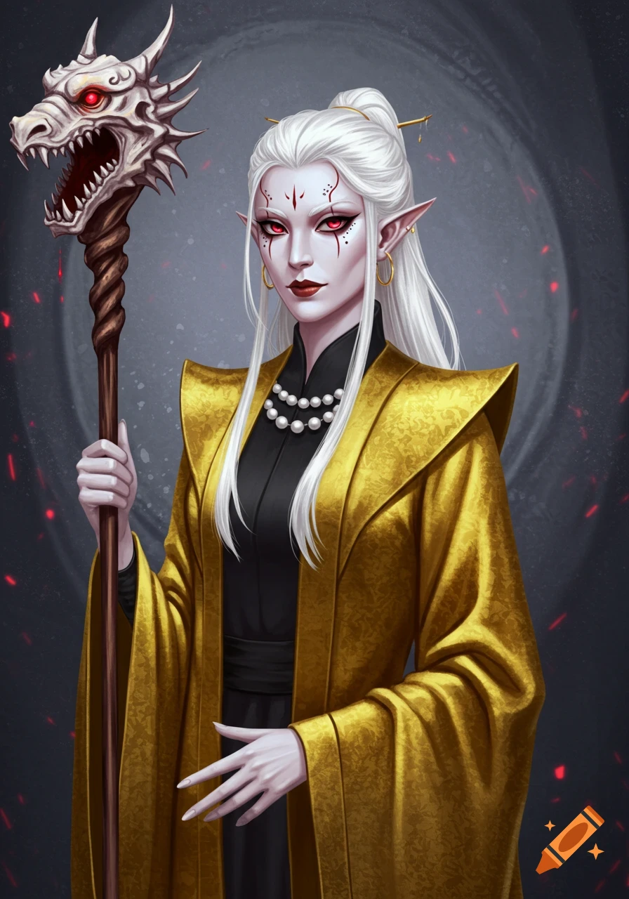 A regal, white-haired elf-like woman with red eyes and a golden robe holds a dragon skull staff in a detailed illustration.