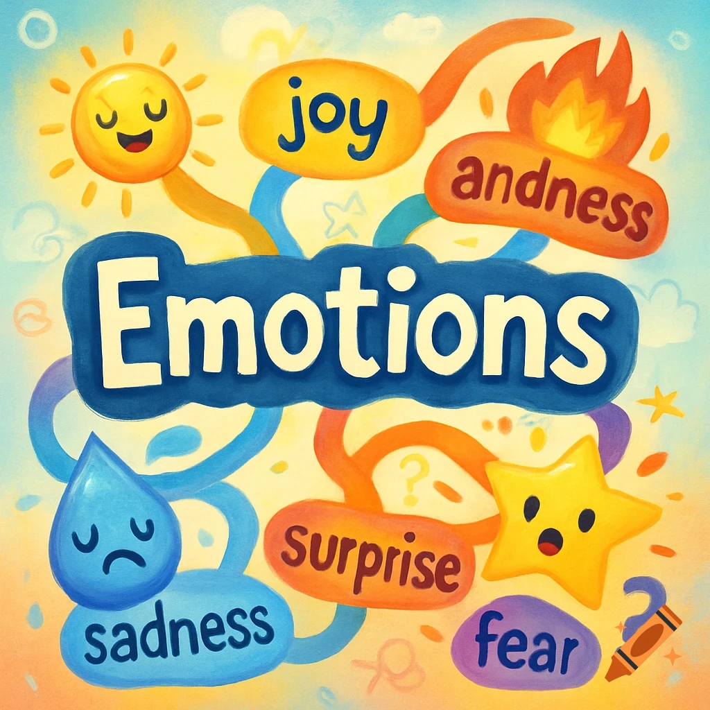 Vibrant cartoon illustration featuring a sun for joy, raindrop for sadness, star for surprise, and other emotions.