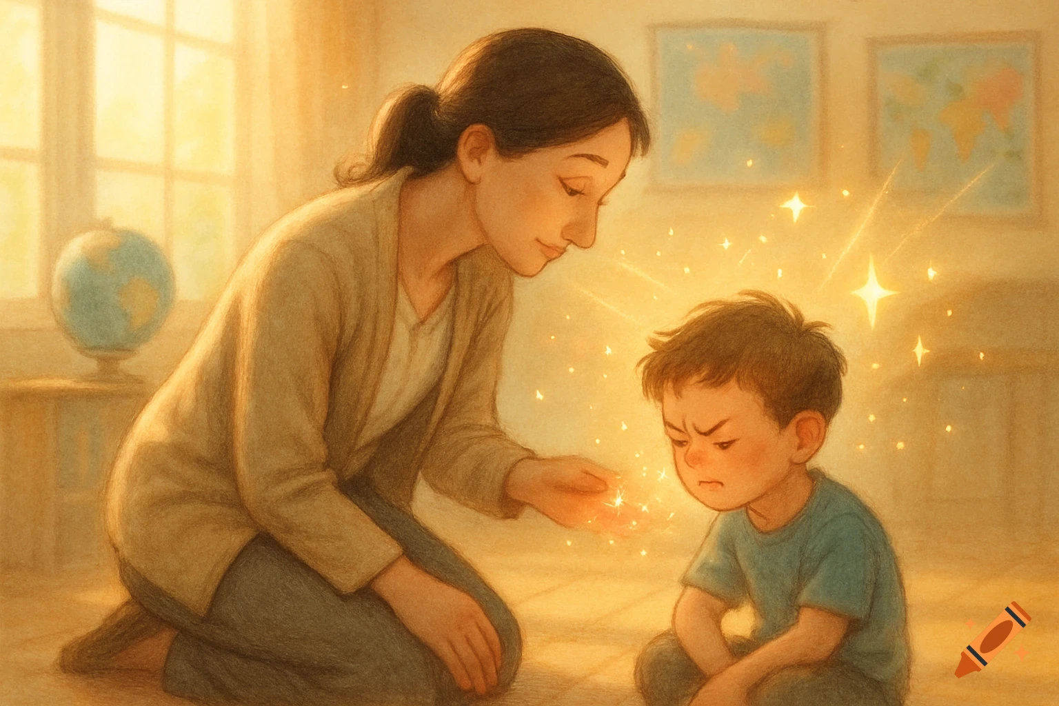 Stylized illustration of a woman kneeling, offering glowing sparkles to a frowning boy in a classroom setting.
