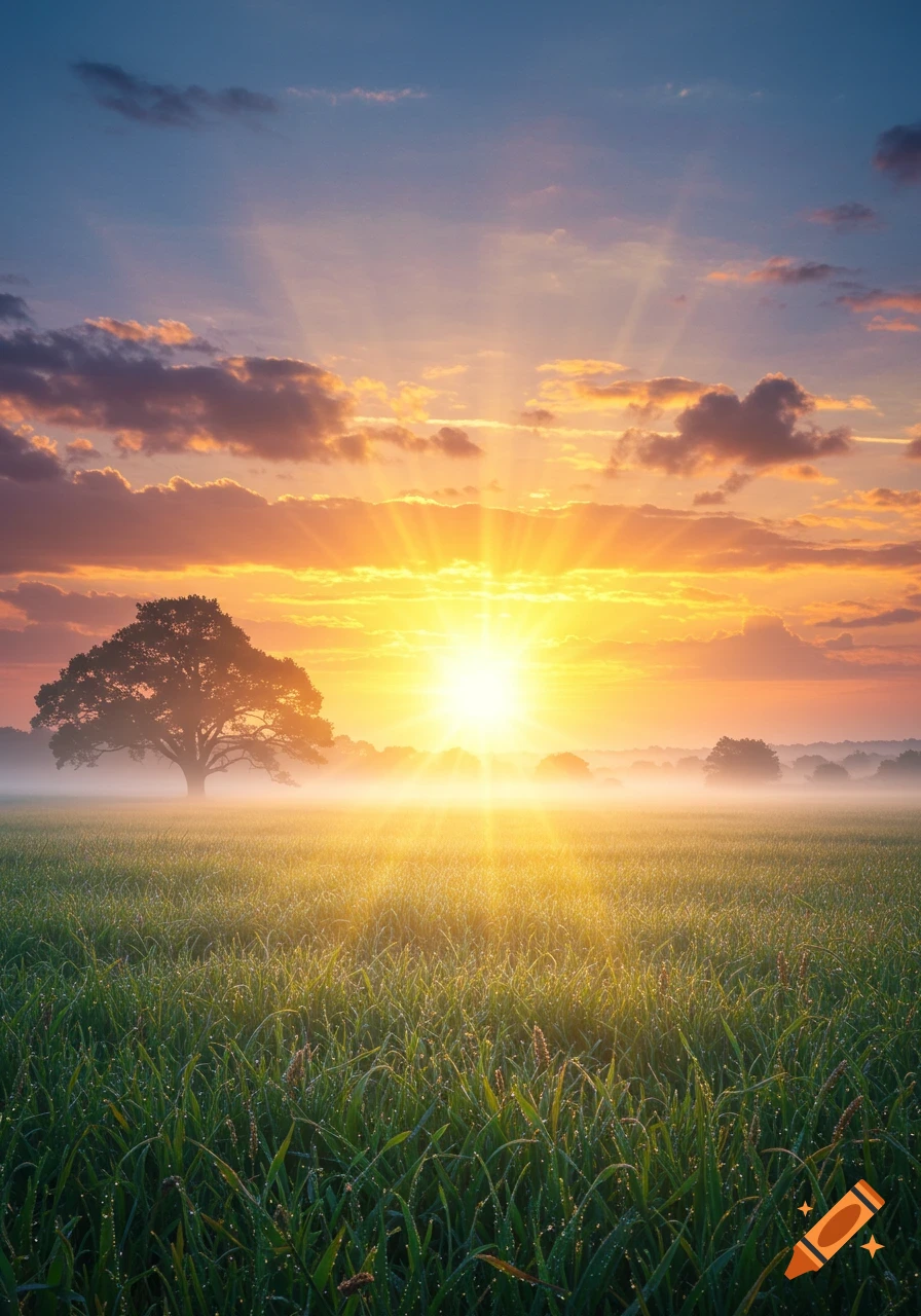 Photorealistic sunrise over a misty field with a large tree silhouette and sun rays breaking through clouds.