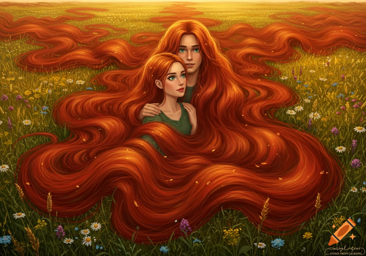 Digital painting of a young woman and man with incredibly long red hair flowing across a field of wildflowers at sunset.