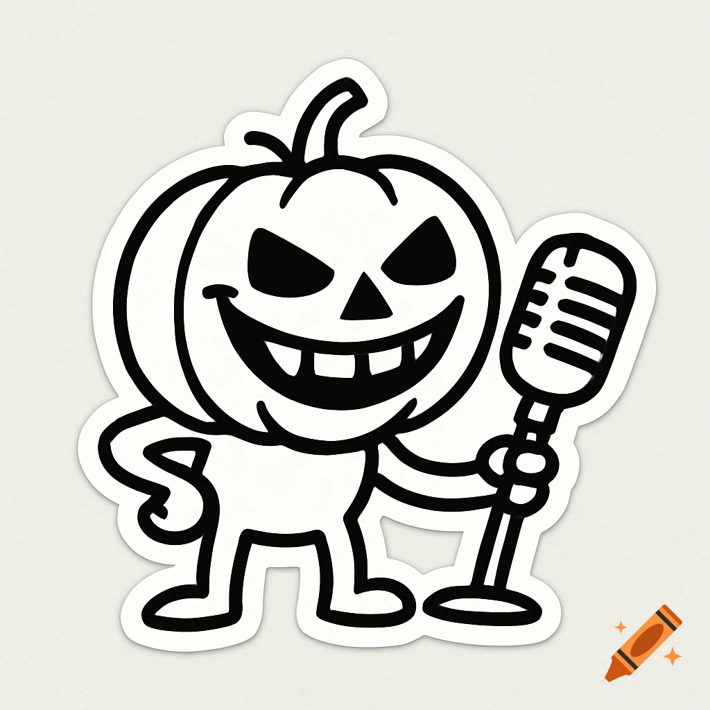 Black and white cartoon sticker of a grinning jack-o'-lantern holding a microphone, in a minimalist style.
