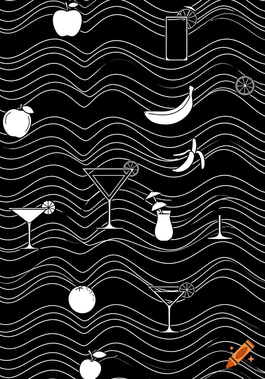 Monochrome pattern of white wavy lines with minimalist white silhouettes of fruits and cocktails on a black background.