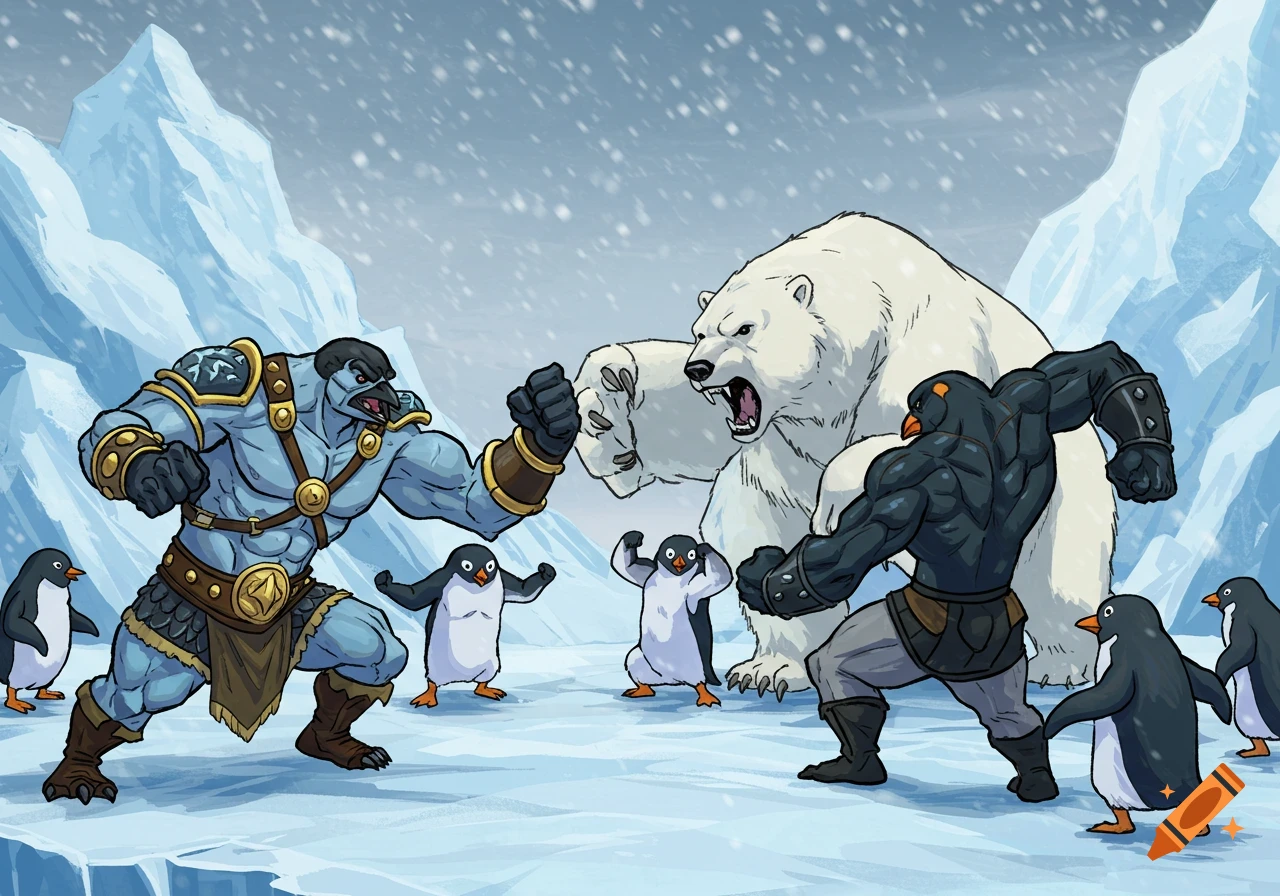 A comic art illustration of muscular, anthropomorphic penguins and a polar bear confronting each other in a snowy, icy landscape.