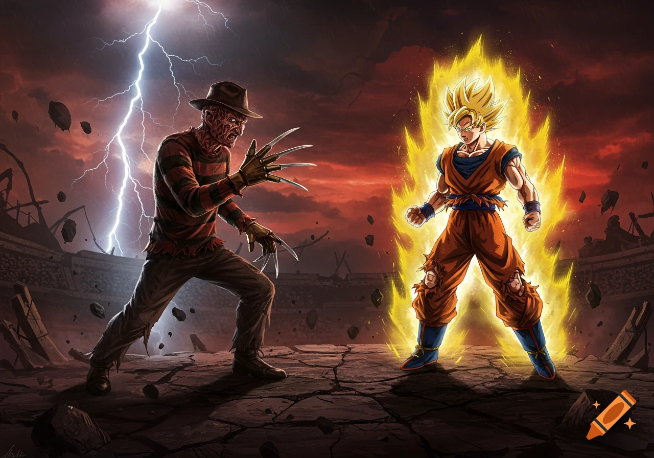 Freddy Krueger with claws confronts Super Saiyan Goku powering up in a stormy, destroyed arena.