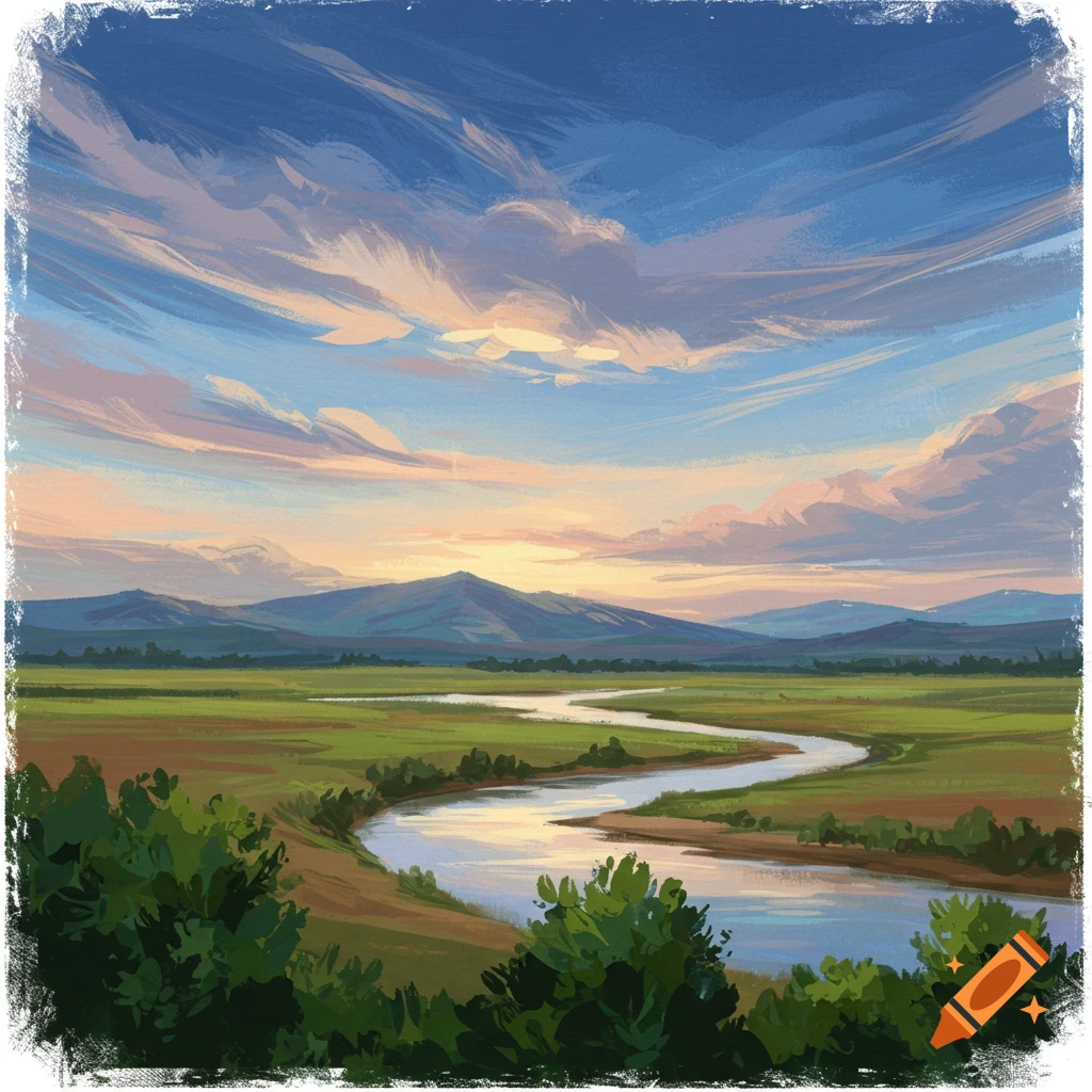 A vibrant hand-painted landscape featuring a winding river through green fields, leading to distant mountains under a colorful sunset sky.