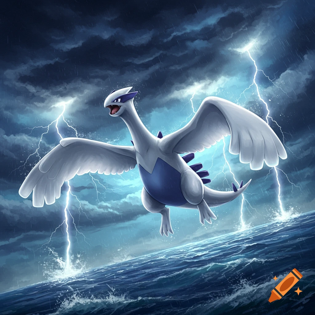 Lugia, a white and blue dragon-like Pokemon, flies over a stormy dark blue ocean with lightning striking the water and dark clouds in the sky.