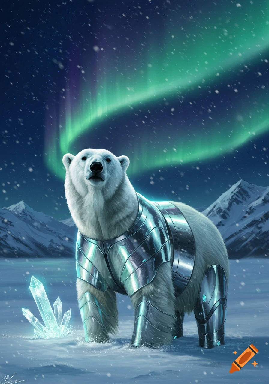A majestic polar bear in glowing silver armor stands in a snowy arctic landscape under the northern lights, with ice crystals beside it, in a digital art style.