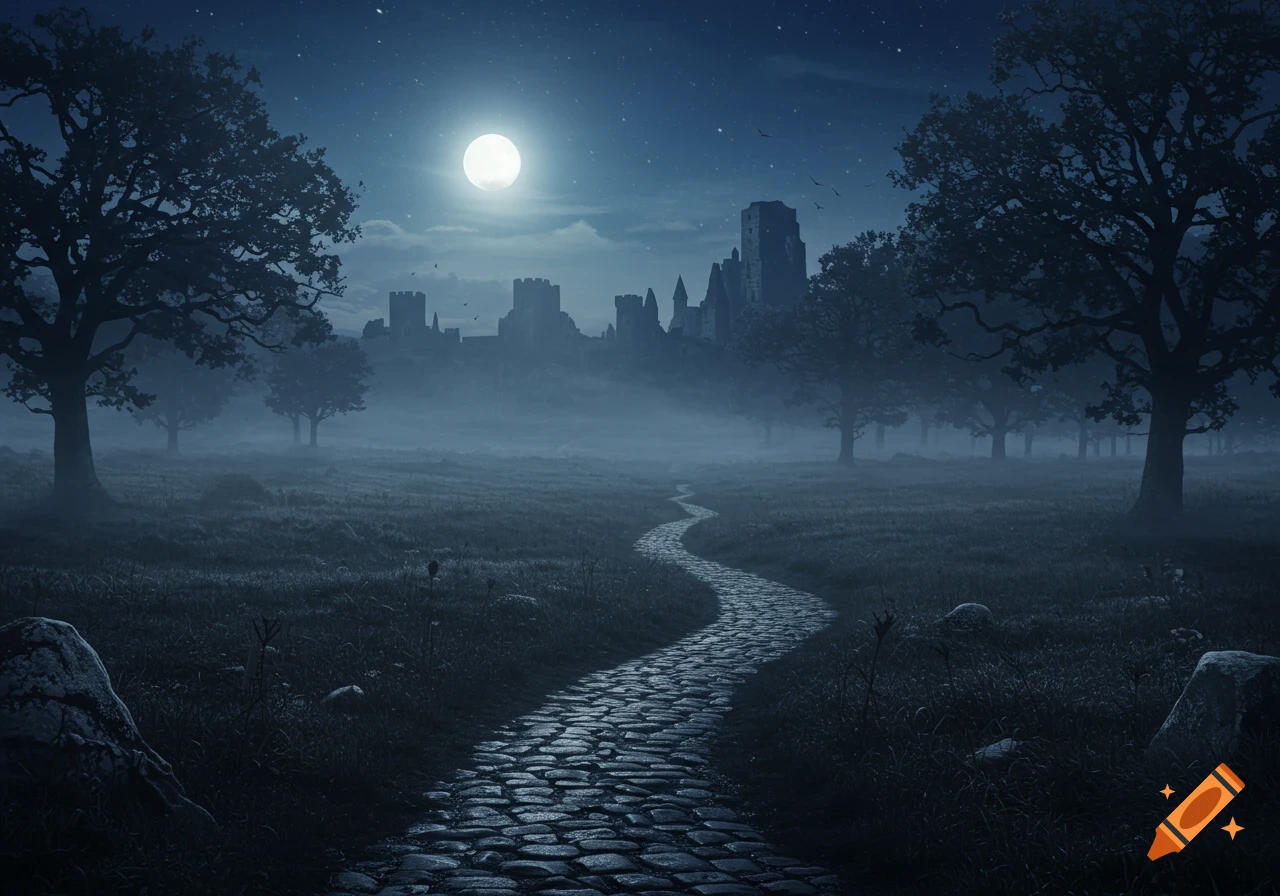 A moonlit cobblestone path winds through a misty field toward a distant castle, with silhouetted trees under a starry night sky.