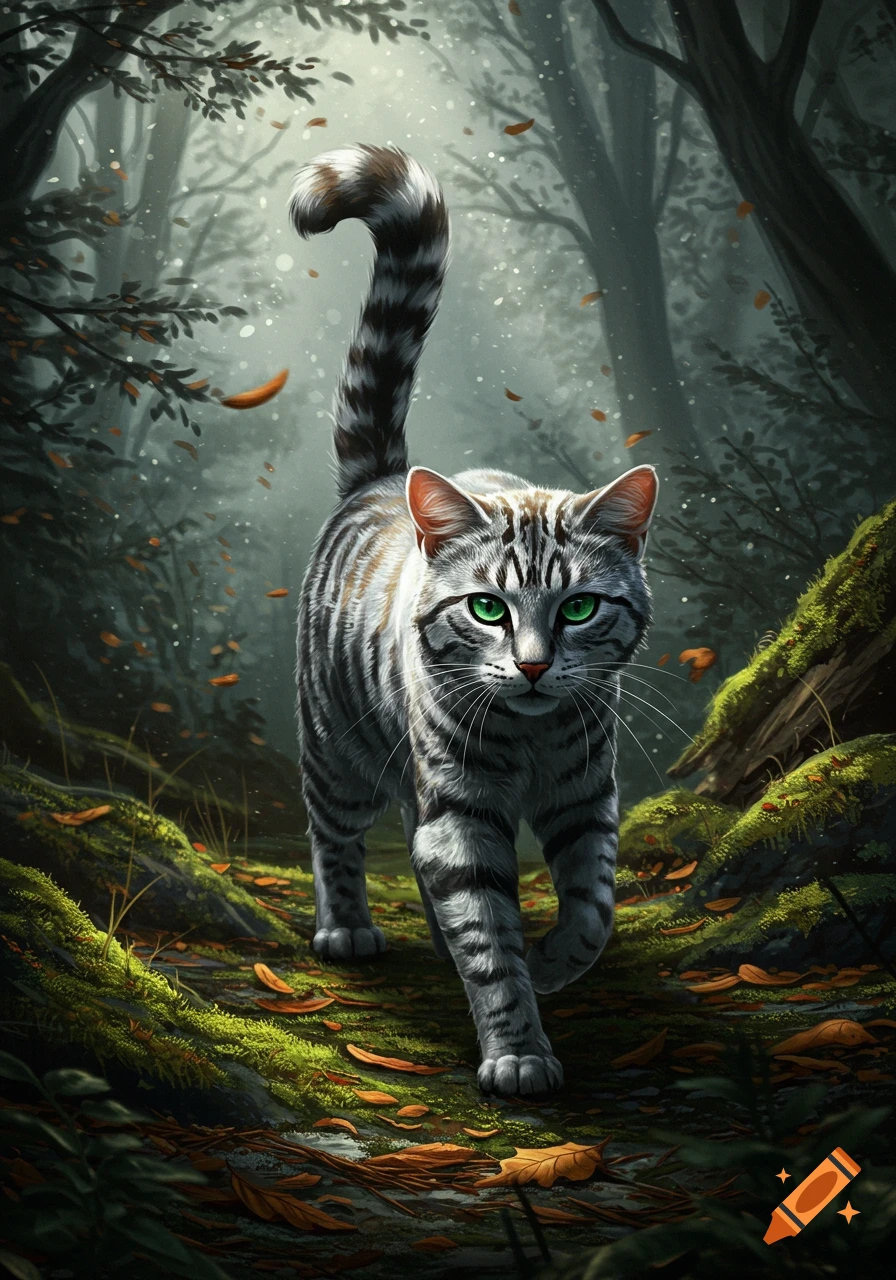 A striking grey tabby cat with bright green eyes walks through a dark, mossy forest with autumn leaves falling.