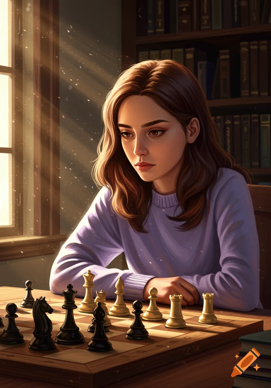 Digital painting of a focused young woman with brown hair, in a purple sweater, playing chess at a wooden table, bathed in sunlight from a window.