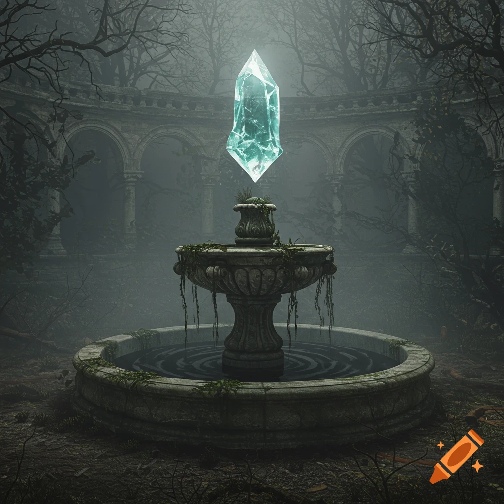 A glowing blue crystal hovers above a mossy, crumbling stone fountain in a dark, misty gothic ruin with bare trees.