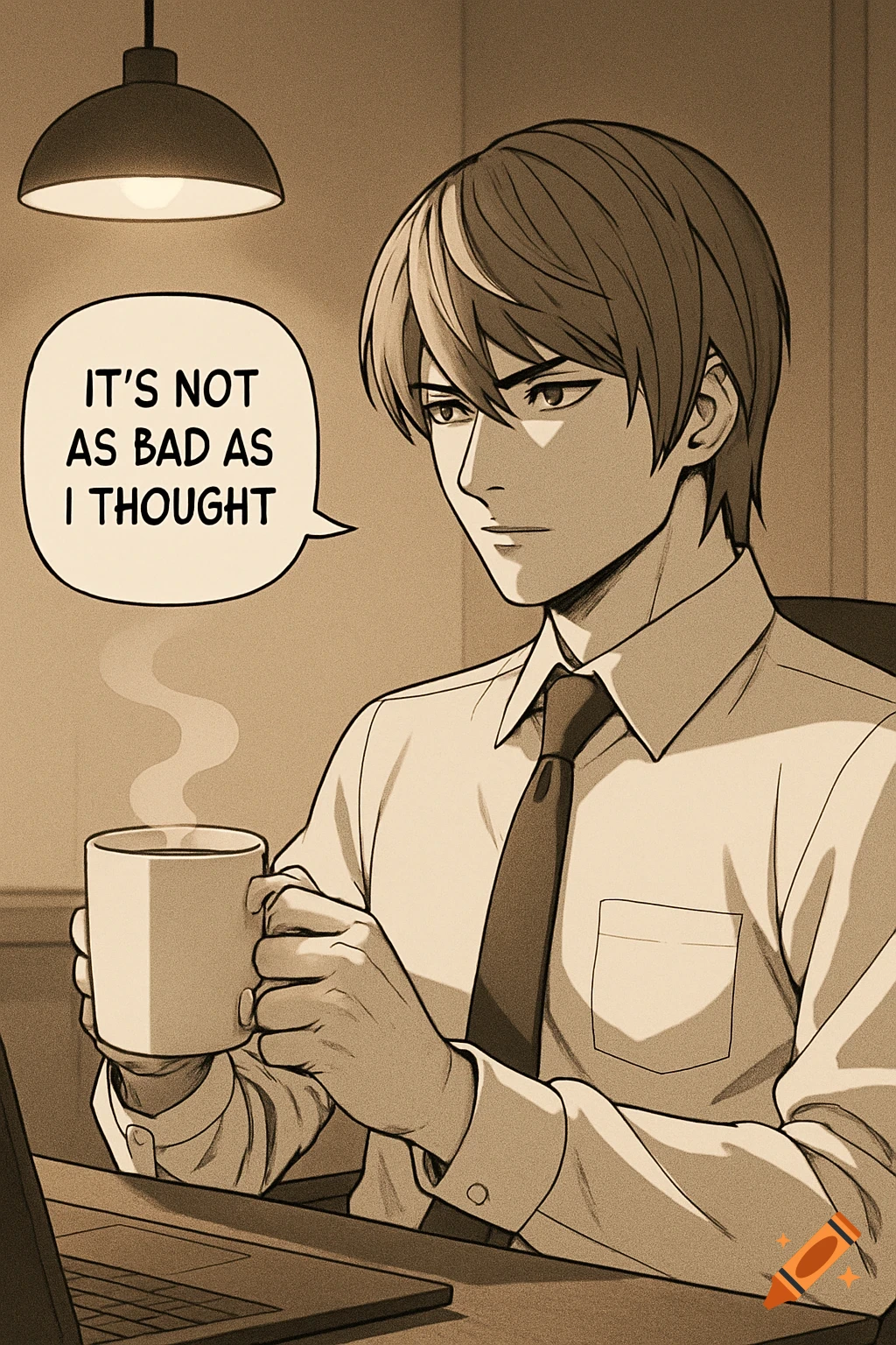 Anime style drawing of Light Yagami holding a coffee cup at a desk, with a speech bubble saying 'IT'S NOT AS BAD AS I THOUGHT'.