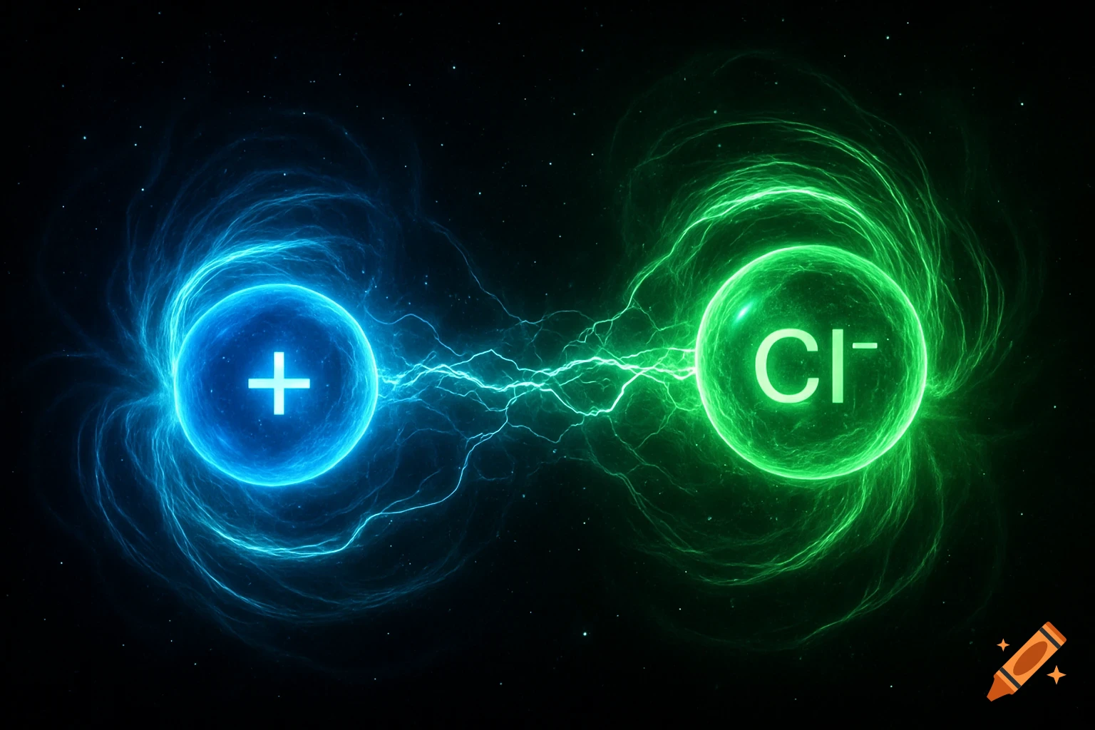 Abstract scientific illustration of two glowing orbs, one blue with a plus sign and one green with 'Cl-', connected by electrical lightning.