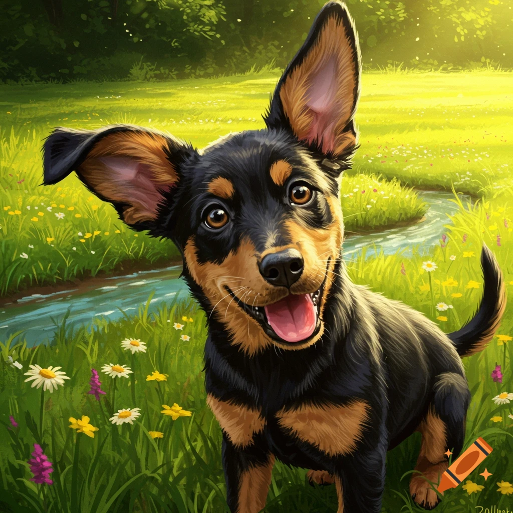 Happy black and tan puppy with one floppy ear and one perked ear in a sunny field with wildflowers and a stream, illustration.