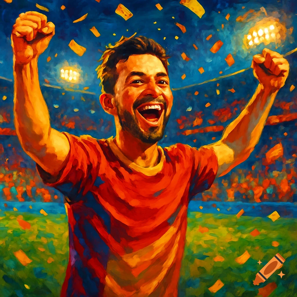 A man in a red and blue striped shirt with a beard joyfully celebrates with fists raised in a stadium, surrounded by falling confetti. Painterly style.