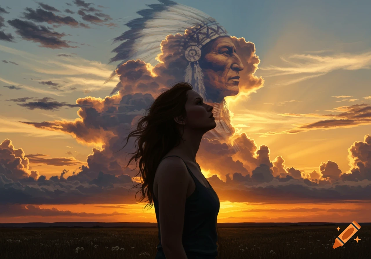 A woman gazes at a vibrant sunset sky with a Native American chief's profile in the clouds above a vast field.