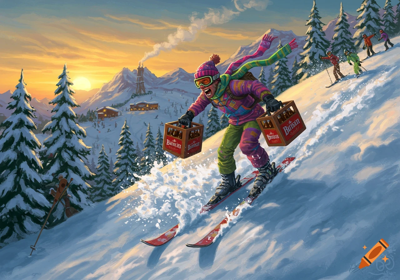 Colorful illustration of a skier carrying two beer crates down a snowy mountain at sunset, with other skiers in the background.