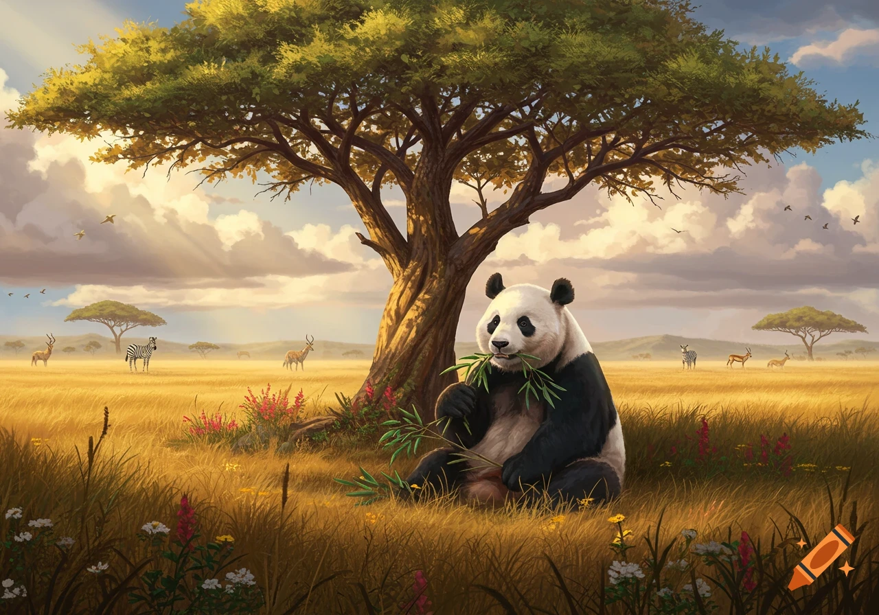 A giant panda sits eating bamboo under a large acacia tree in a golden savanna, with zebras and antelopes in the background.