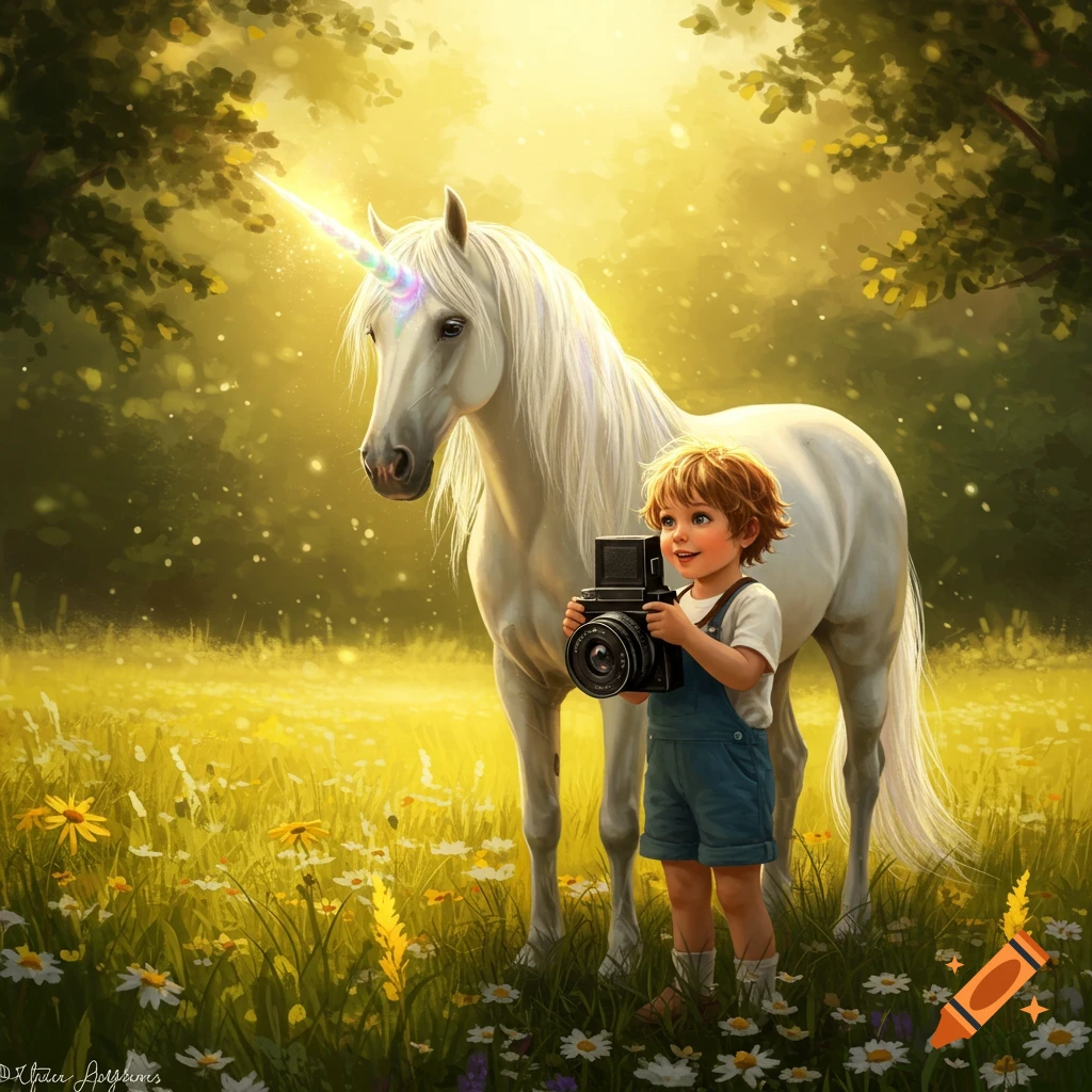 A small child in blue overalls holds a camera next to a white unicorn with a glowing horn in a sunny, flowery meadow, digital art.