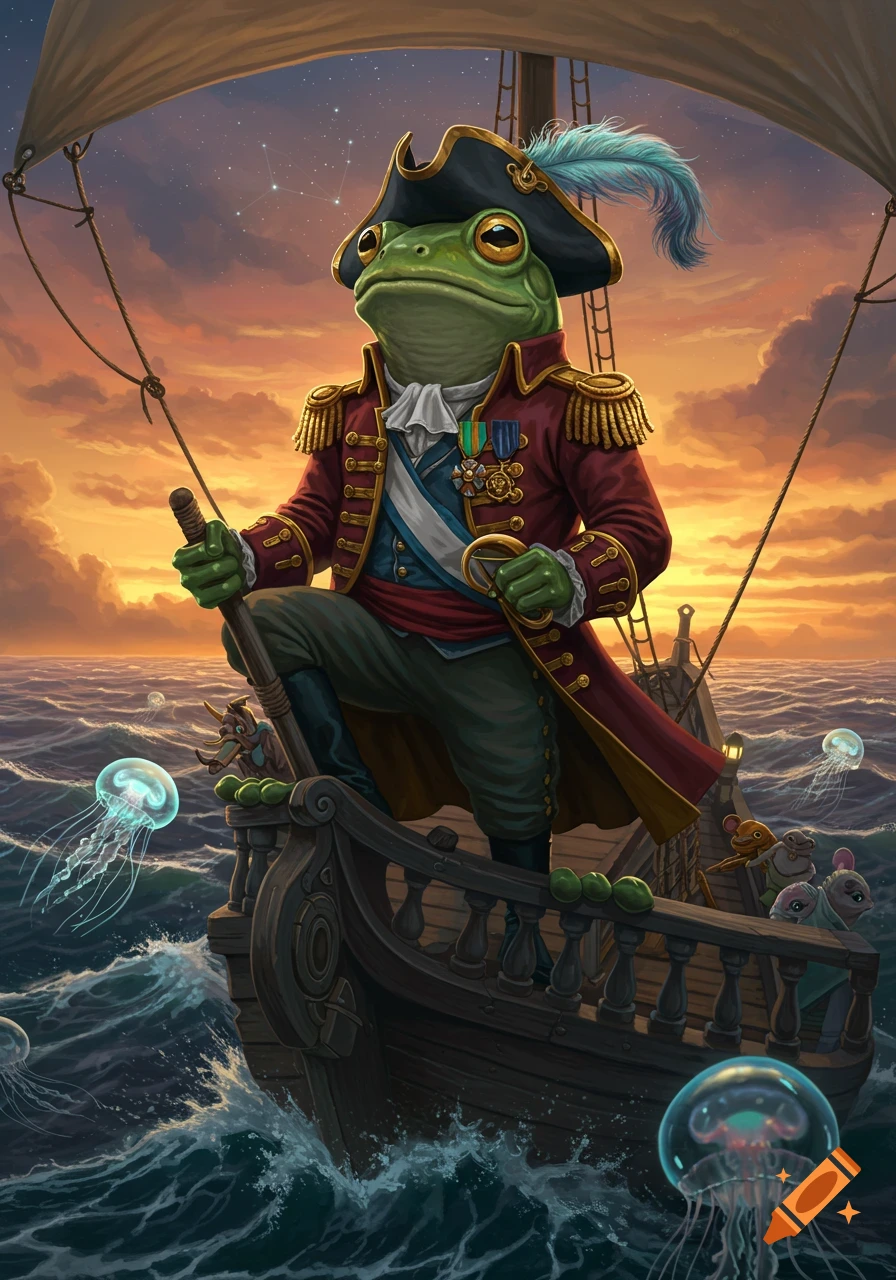 A frog naval captain in a red and gold uniform stands on a ship deck, sailing through a wavy sea with glowing jellyfish at sunset.