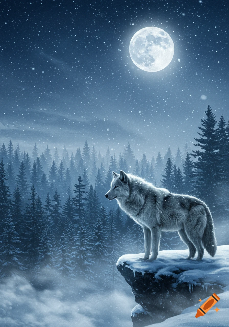 A white wolf stands on a snowy cliff, gazing over a pine forest under a large full moon with falling snow.