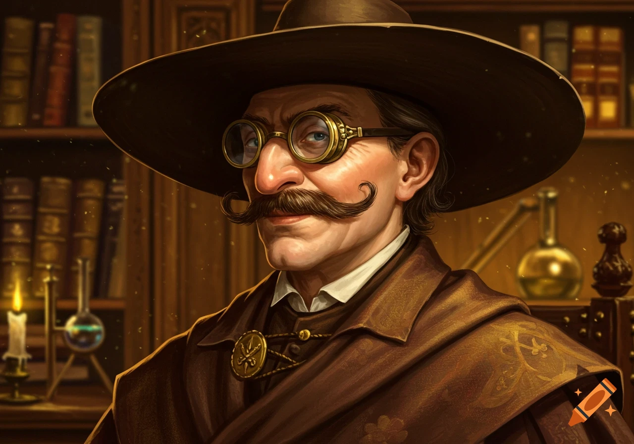 A man with a wide-brimmed hat, steampunk goggles, and a curly mustache, in a richly detailed, vintage portrait.