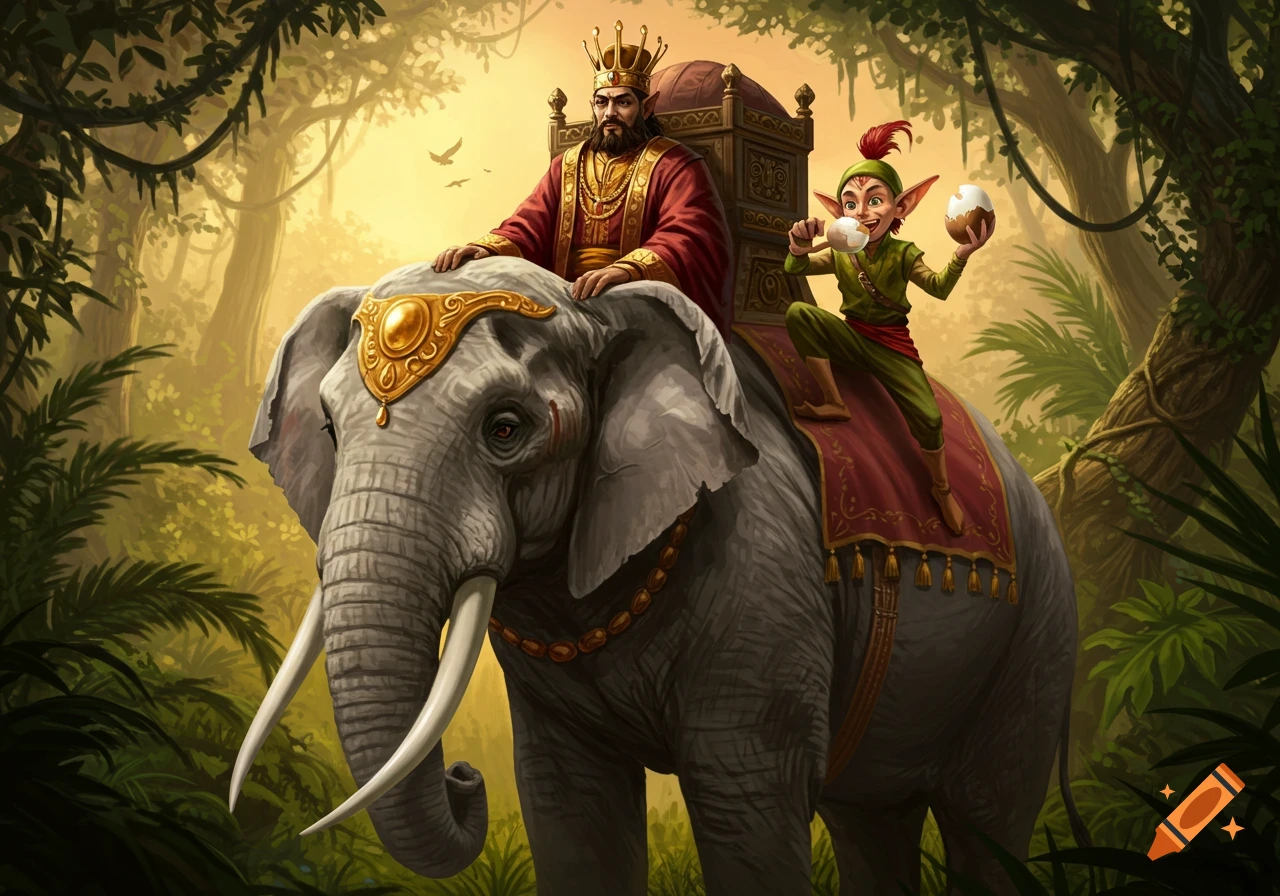An emperor on a large elephant in a lush jungle, with an elf companion eating an egg and holding a cup. Fantasy illustration.