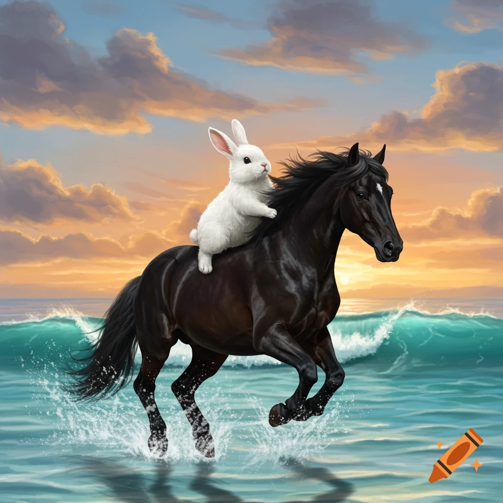 A white bunny rides a black horse through ocean waves at sunset, digital painting.