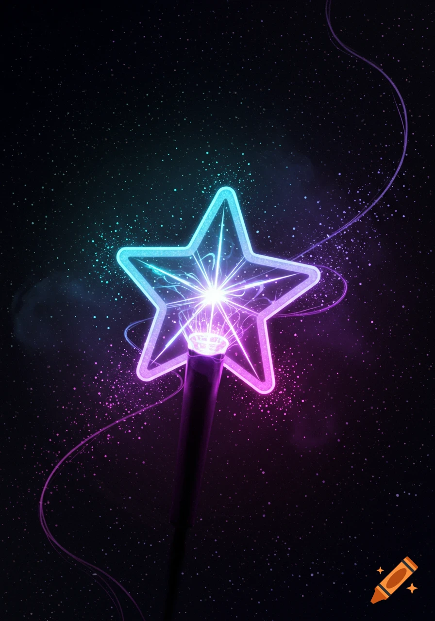 A glowing blue and purple star-shaped light stick against a dark, starry background with trailing neon lines.