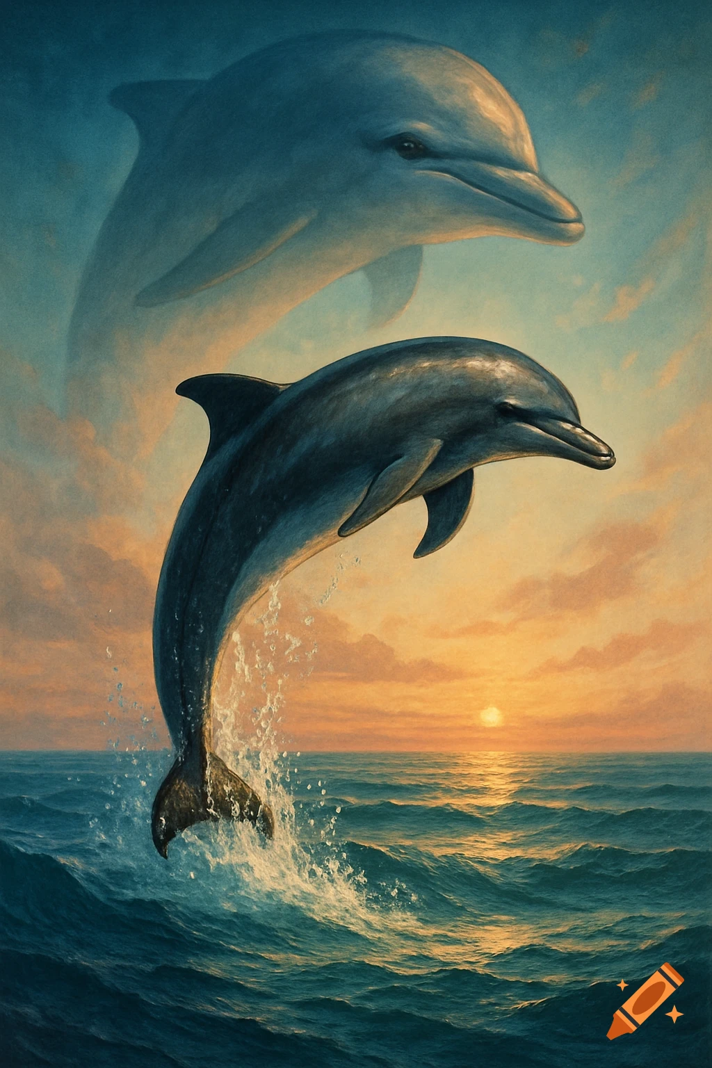 A painted scene of a dolphin leaping out of the ocean at sunset, with a larger, faded dolphin head in the background.