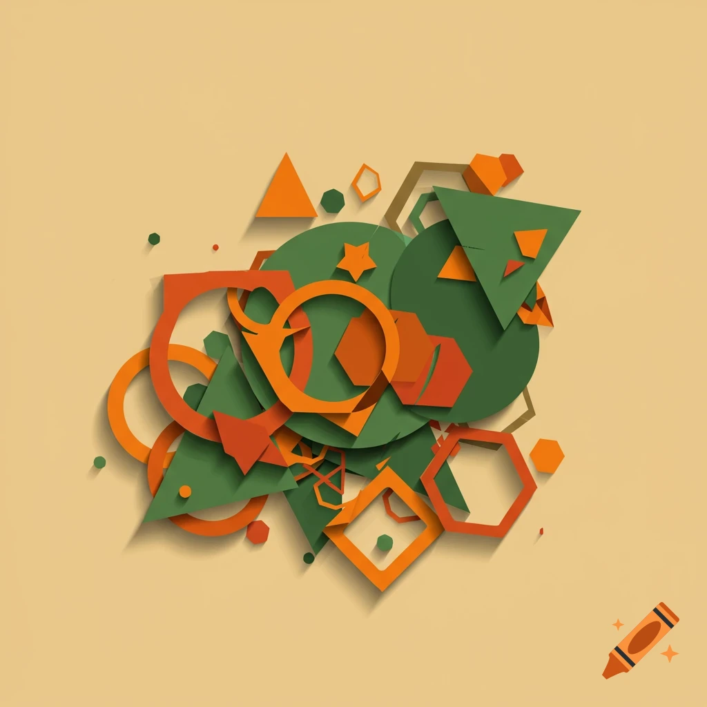 Layered green, orange, and red geometric shapes with shadows on a beige background.